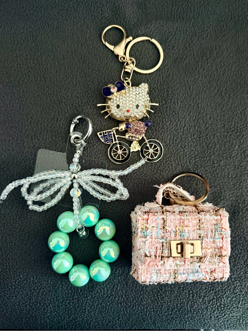 Gold Rhinestone HK Keychain, Pink Tweed Purse Charm, Green CP/Bag Charms